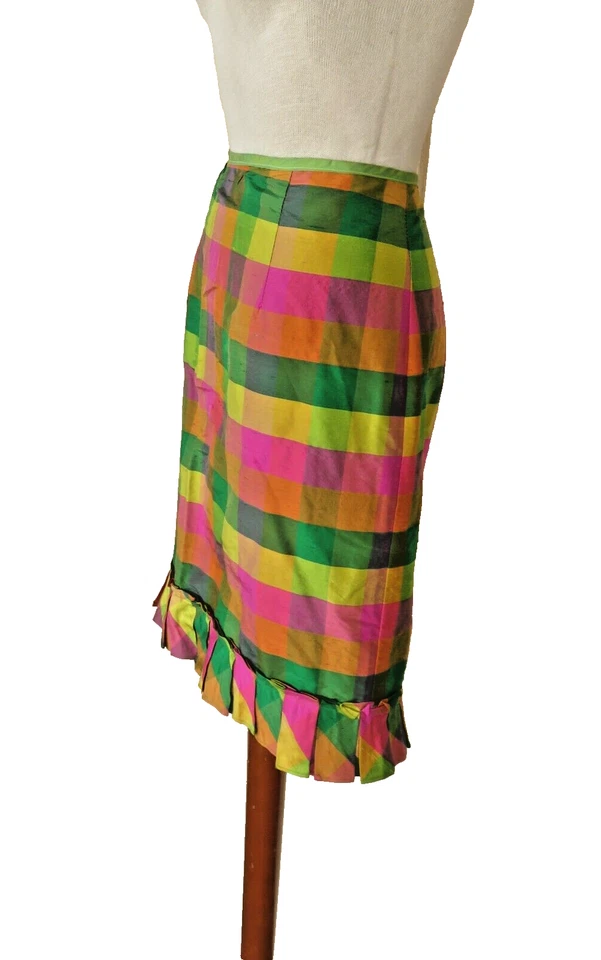 Falda lápiz Armani Collezioni para mujer a cuadros Dupon seda hasta la rodilla con volantes talla M Foto 4 de 4