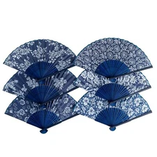 Thy Collectibles Pack of 6 Handheld Paper & Bamboo Fans - Blue with White Flower