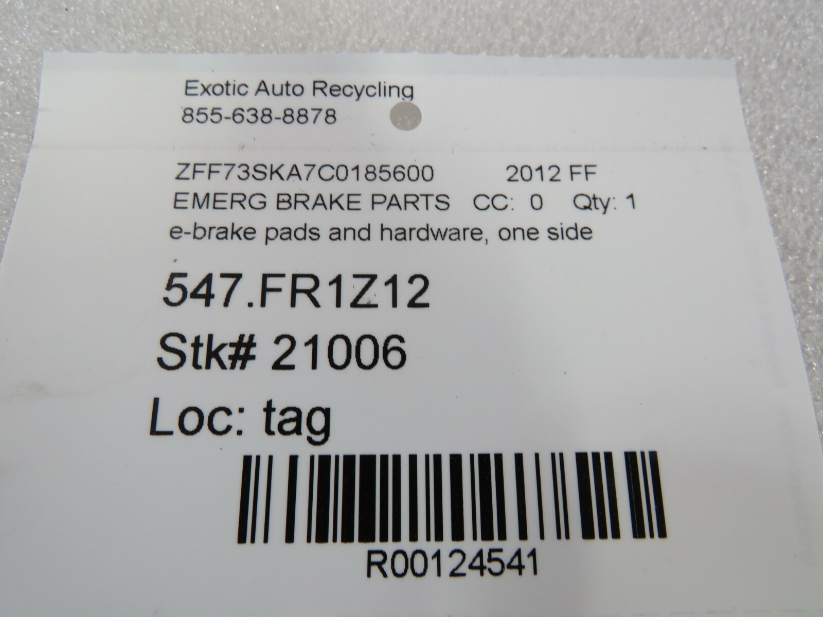 Ferrari FF, E-Brake Pads and Hardware, One Side Only, Used 
