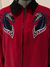 Vintage Women  s Bob Mackie Jacket Velvet Wearable Art Size Large Horse Red Zip