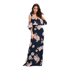 Lulus The Very Thought of You Feminine Navy Blue Floral Print Maxi Dress Medium