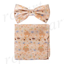 Men's microfiber Pre-tied Bow Tie hankie set Peach flowers formal wedding prom