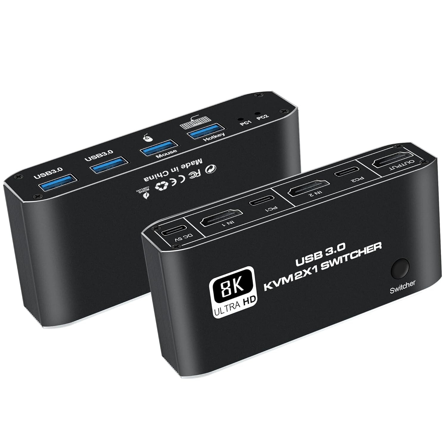 HDMI KVM Switch, 8K USB Switch 2x1 HDMI2.1 Ports + 4X USB3.0 KVM Ports, Share 2