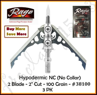 RAGE Hypodermic NC 100 Gr 2'' Cut Expandable Broadhead 3 PK 38100  - Rage Dealer