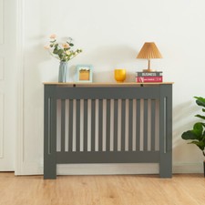 Modern Radiator Cover Wall Cabinet MDF Slats, Grey with Wood Top, S M L XL