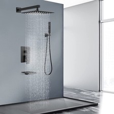 3 Function Shower Faucet Set System Black Rainfall Shower Head Combo Tub Filler