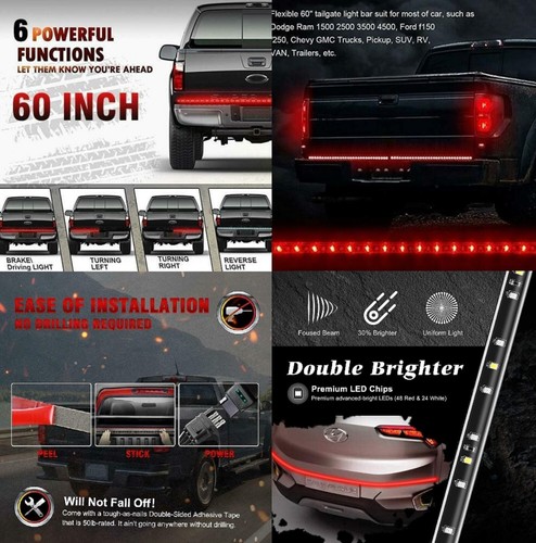 LED Strip 5ft Red 2 Row Tailgate Light D Truck Turn Signal Bed Brake Stop Backup - Picture 8 of 12