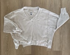 American Eagle Seriously Lived-In V-Neck Waffle Knit Sweatshirt Beige Small