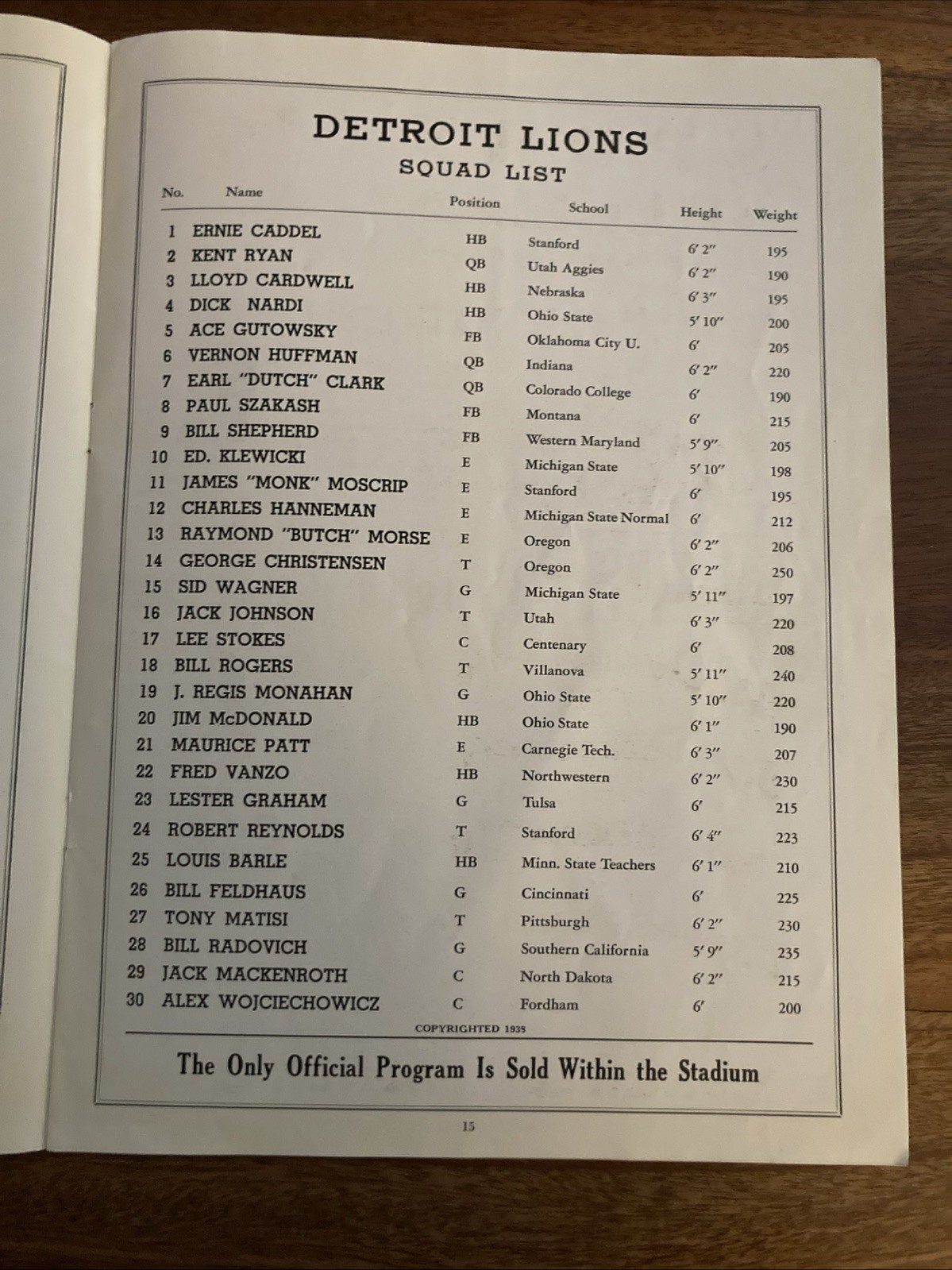 1938 DETROIT LIONS vs. WASHINGTON REDSKINS FOOTBALL PROGRAM/“DUTCH” CLARK!!!