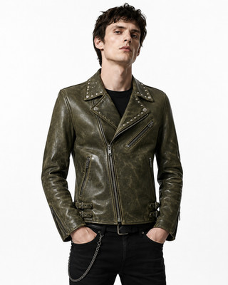 Men s Olive Green Distressed Studded Leather Biker Jacket. Gift For Him/her