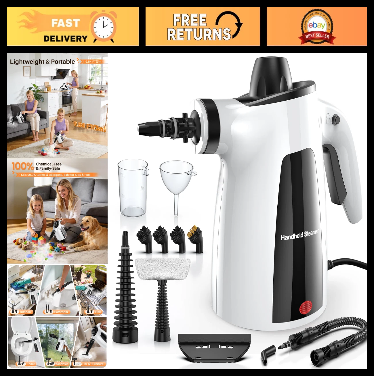 Portable Multi-Surface Steam Cleaner with 12 Accessories & Safety Lock - Home, K
