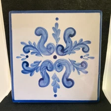 Linens N Things Ceramic Wall Plaque Trivet Chinoiserie Pattern Blue White 7x7"