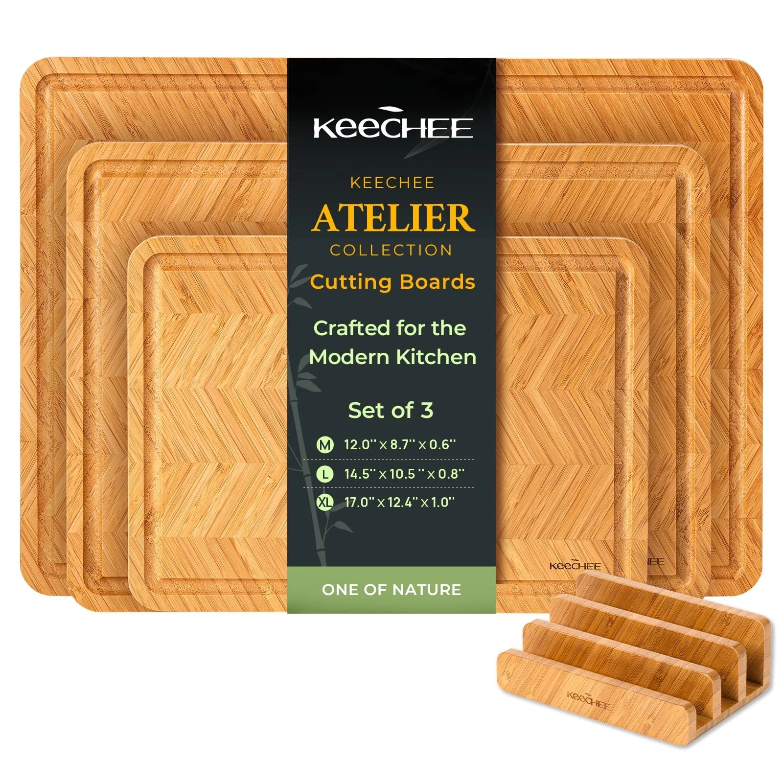 Keechee Bamboo Cutting Board, Set of 3 (M+L+XL), Herringbone