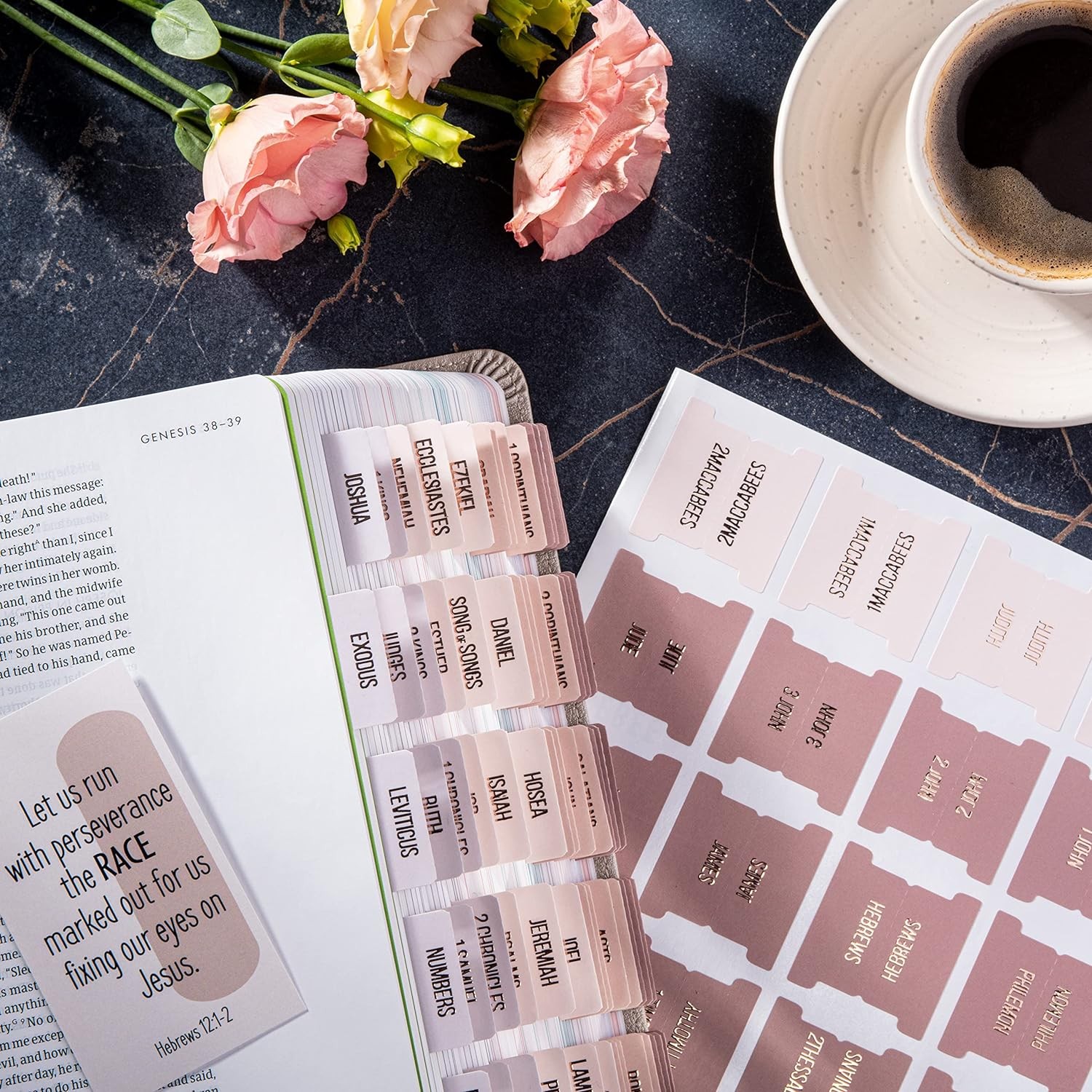 DiverseBee Laminated Bible Tabs (Rose Gold Embossed Lettering), Pearl 