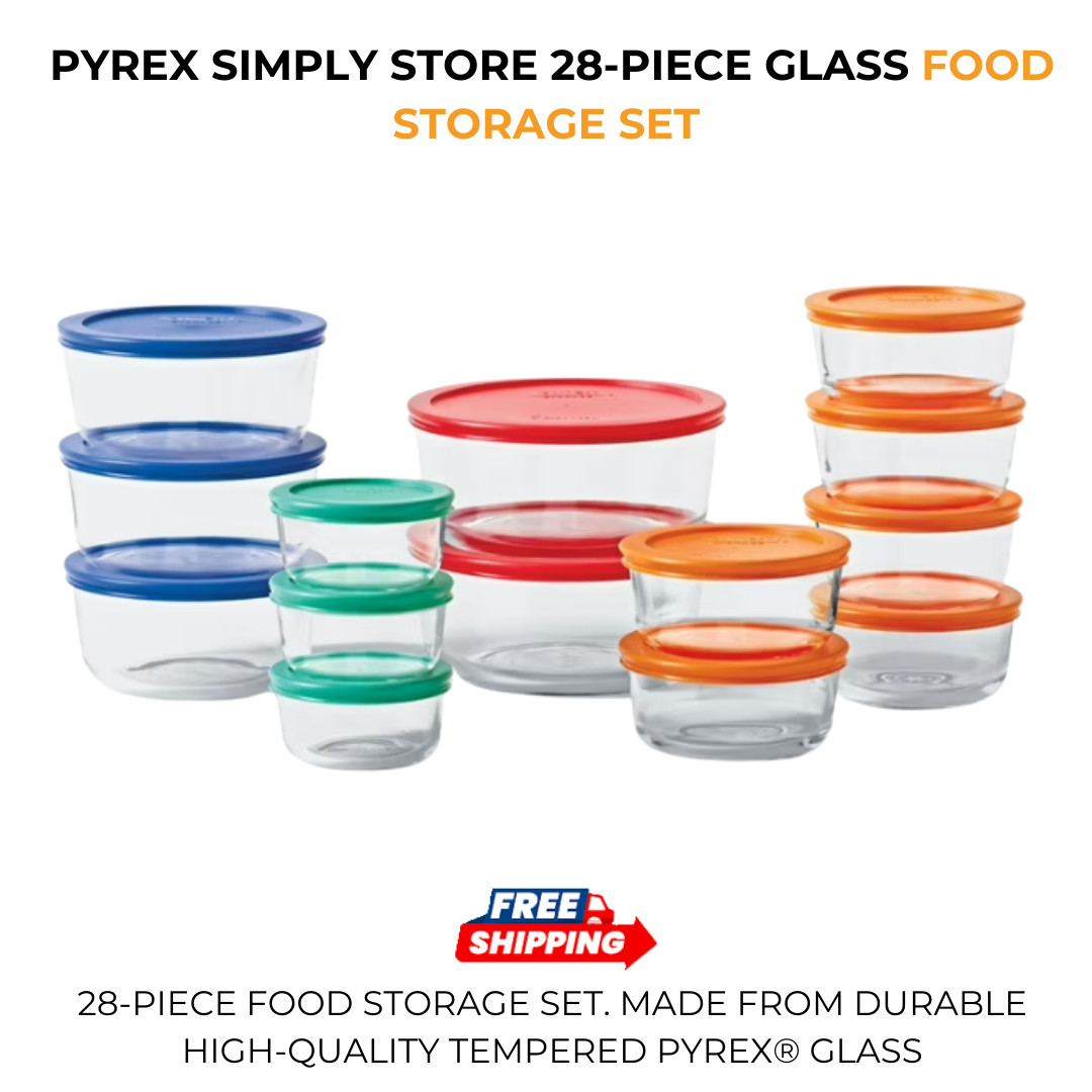 Pyrex Simply Store 28-Piece Glass Food Storage Set Durable Leak Proof Lids