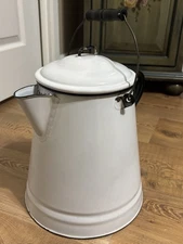 Vintage White w/Black Trim Enamelware Farmhouse Tea/Coffee Kettle 13" Tall w/Lid