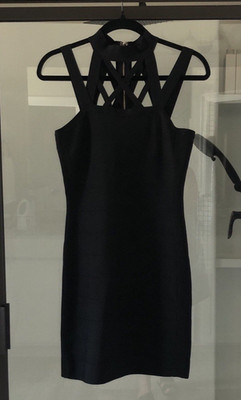 Bebe Black Strappy Halter Bandage Sheath Bodycon Dress M Stretch Cocktail Sexy