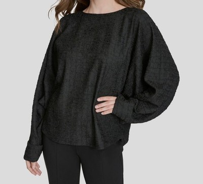 Halston Women's Black Textured Boatneck Dolman Cuffed Sleeve Blouse Top Size S