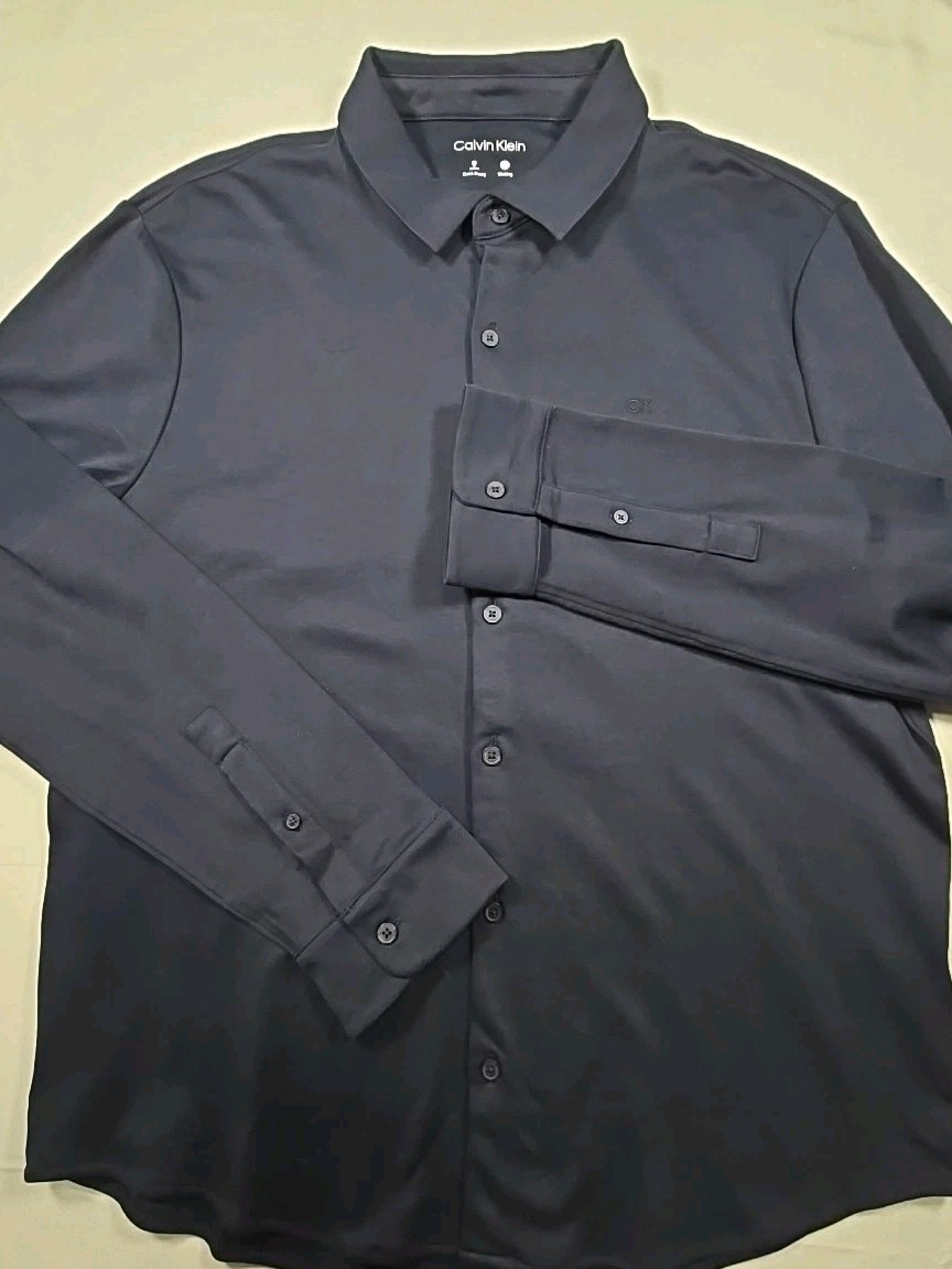 Nwot Calvin Klein Men Large L/S Button Down Shirt Navy Blue Stretch Quick Dry 