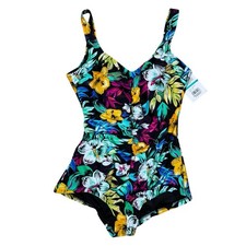 Maxine of Hollywood Shirred Girl Leg Swimsuit 16 One Piece Multicolor Floral NWT