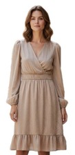 Japna Metallic Gold Midi Dress Modern Prairie Cottagecore Romantic Wedding Guest