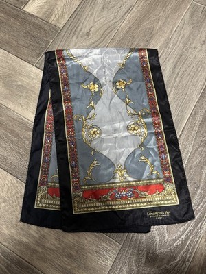 Pierre Balmain Silk Scarf 97x37 cm Gray Black Baroque Floral Made in France