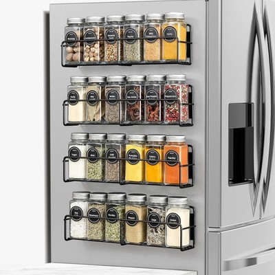 VITEVER Magnetic Spice Rack, 4 Pack, 24 Square Glass Jars with Lids, Quick-Find