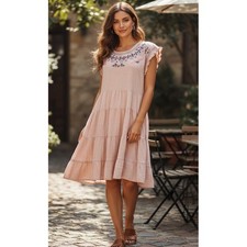 Knox Rose Women's Floral Embroidered Dress Size M Dusty Pink Gauzy Tiered Boho