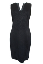 ST. JOHN Black Leopard Stretch Jacquard Knit Dress Sz 10 Women Leather Trim