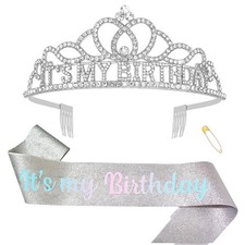 Sash and Crown for , Girl Tiara Headband It's My Outfits Decorations Silver R...