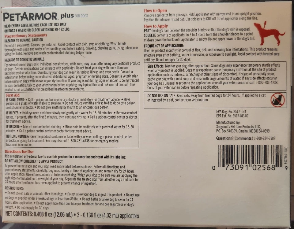 Pet Armor Plus para perros extra grandes 89-132 lb 3 aplicadores caducidad: 27/03 nuevo Foto 2 de 3