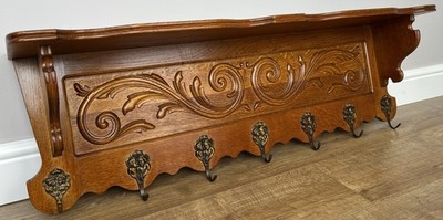 Französische Vintage Garderobe Eiche 7 Haken Wandregal geschnitzt Kleiderbügel LOT 4903