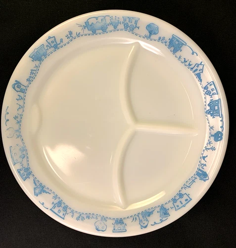 Vintage Pyrex Plate Train Blue Divided Dish Child Railroadiana Railway JP2943