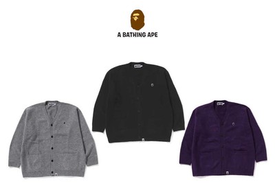 A Bathing Ape Men's Hairy Yarn Knit Cardigan 2024 FW APE HEAD Embroidery Japan