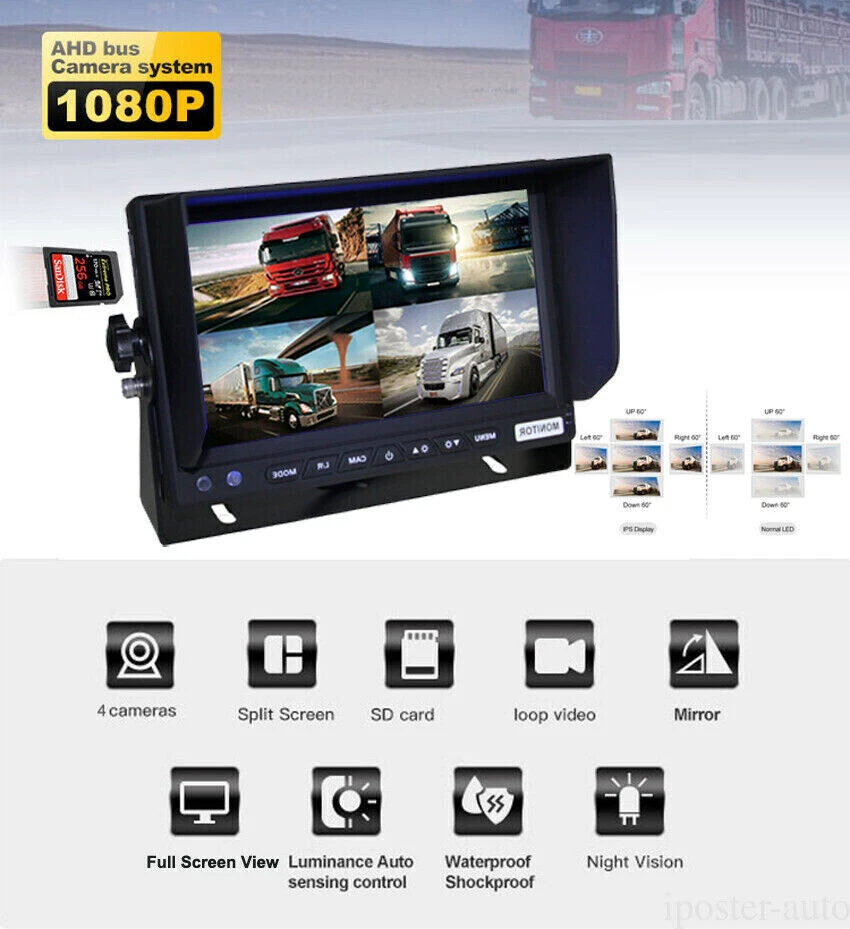 7" Quad Monitor DVR SD Recorder Side Rear View Reversing Camera System For Truck - Image 3 of 4