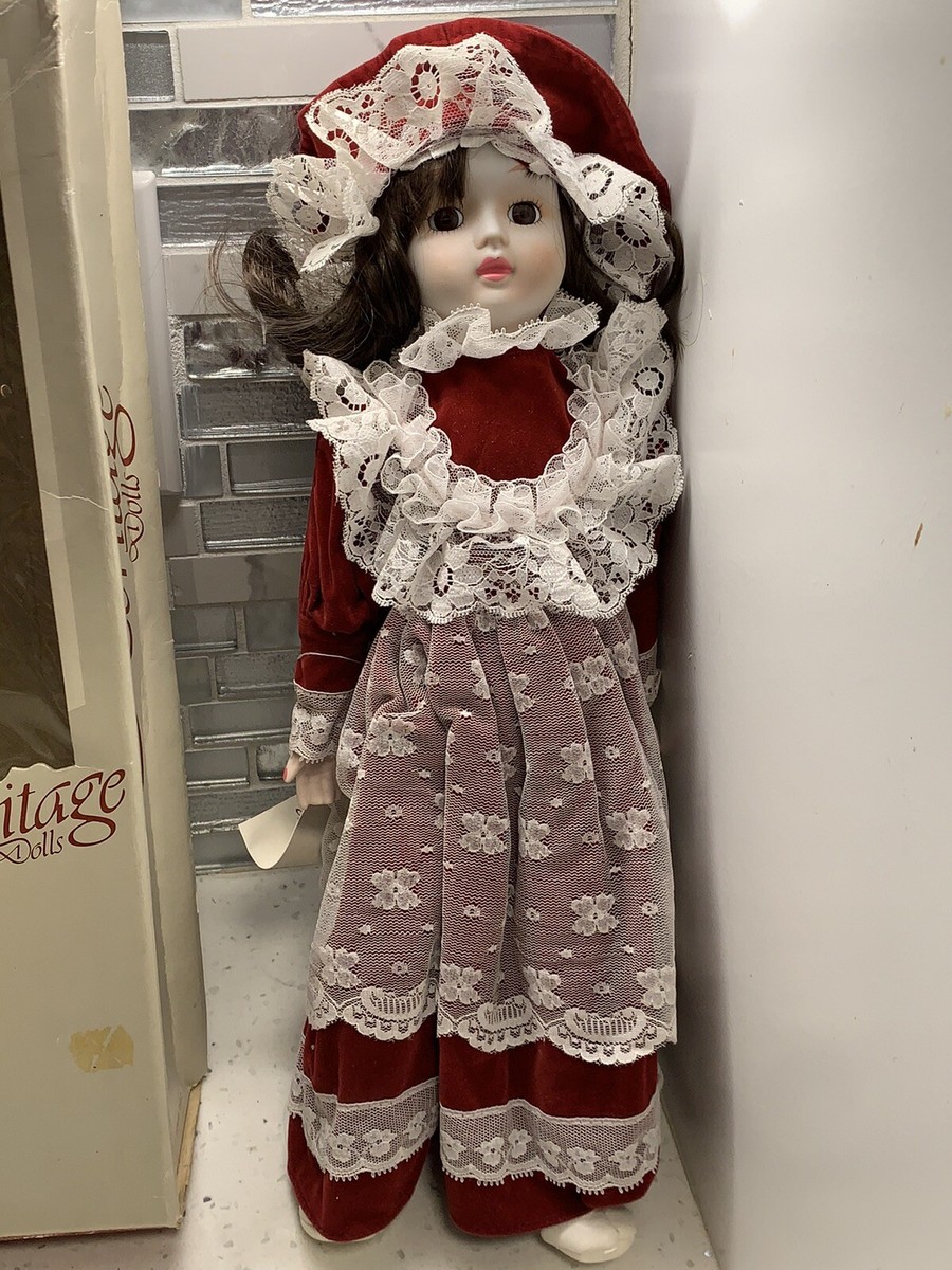 Heritage Porcelain Cloth Doll in Hat Wind Up Musical RED / WHITE Dress in  BOX | eBay