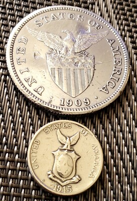 1909-s One Peso US-FILIPINAS Coin & 1945-s 5cents Commonwealth US