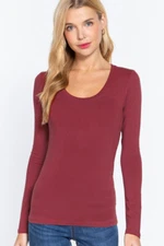Women's Basic T-Shirt Scoop Neck Cotton Long Sleeve Solid Knit Plain Top Fitted