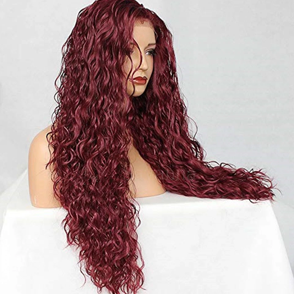 Loose Curly Wave Long Lace Front Wigs Synthetic Hair Burgundy Color Baby Hair 24 - Image 2 of 4