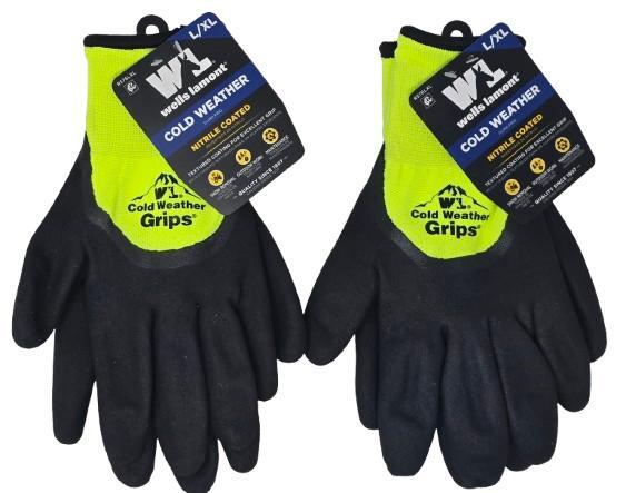 2 Pk Wells Lamont Men Nitrile Coated Cold Weather Grips Lined Work Gloves (L/XL)