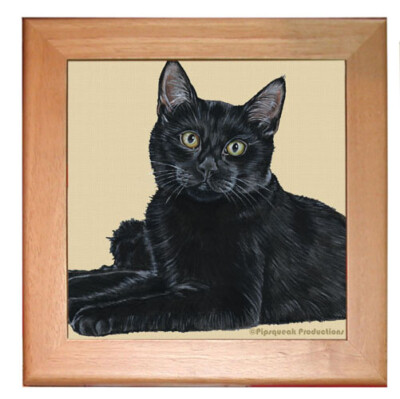 Black Cat Kitchen Ceramic Trivet Framed in Pine 8'' x 8''