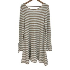 FREE PEOPLE sz Medium Sweater Dress Counting Stripes Knit Long Sleeve tan green