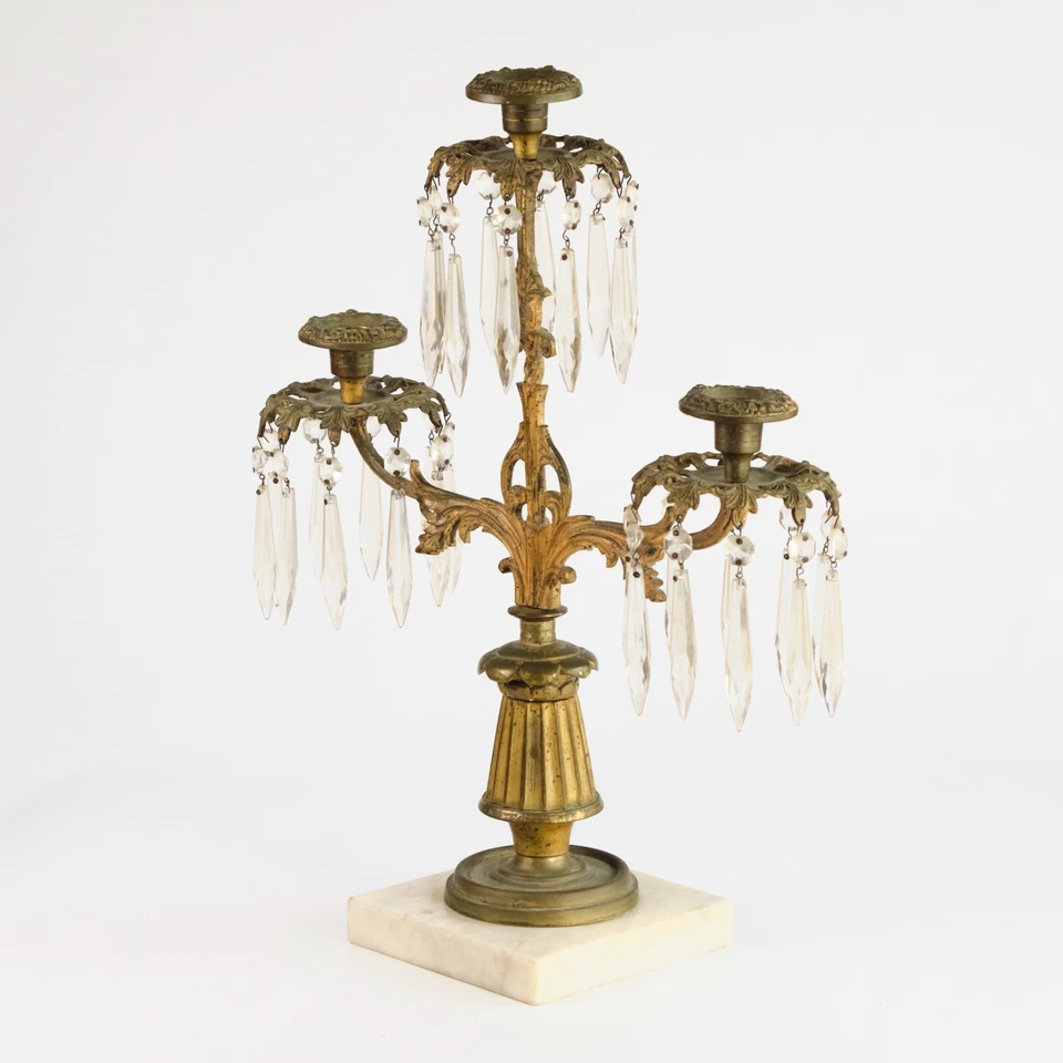 Antique Gilt Brass Candleabra w/ Drop Crystals Three Arm Candle Candleholder - Image 2 of 4