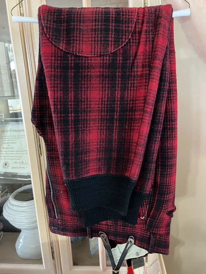 Vtg Woolrich Buffalo Red Plaid Hunting Outfit Wool Jacket 42 Pants34 Suspenders  - Image 3 of 4