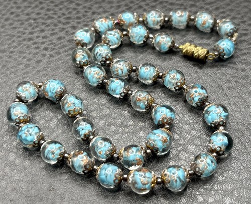 Vintage Blue Glitter Italy Venetian Art Glass 8MM Bead Necklace Barrel Clasp