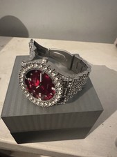 ICED HIP HOP SILVER PT LUXURY RAPPER RED DIAL METAL BAND WRIST URBAN BLING WATCH