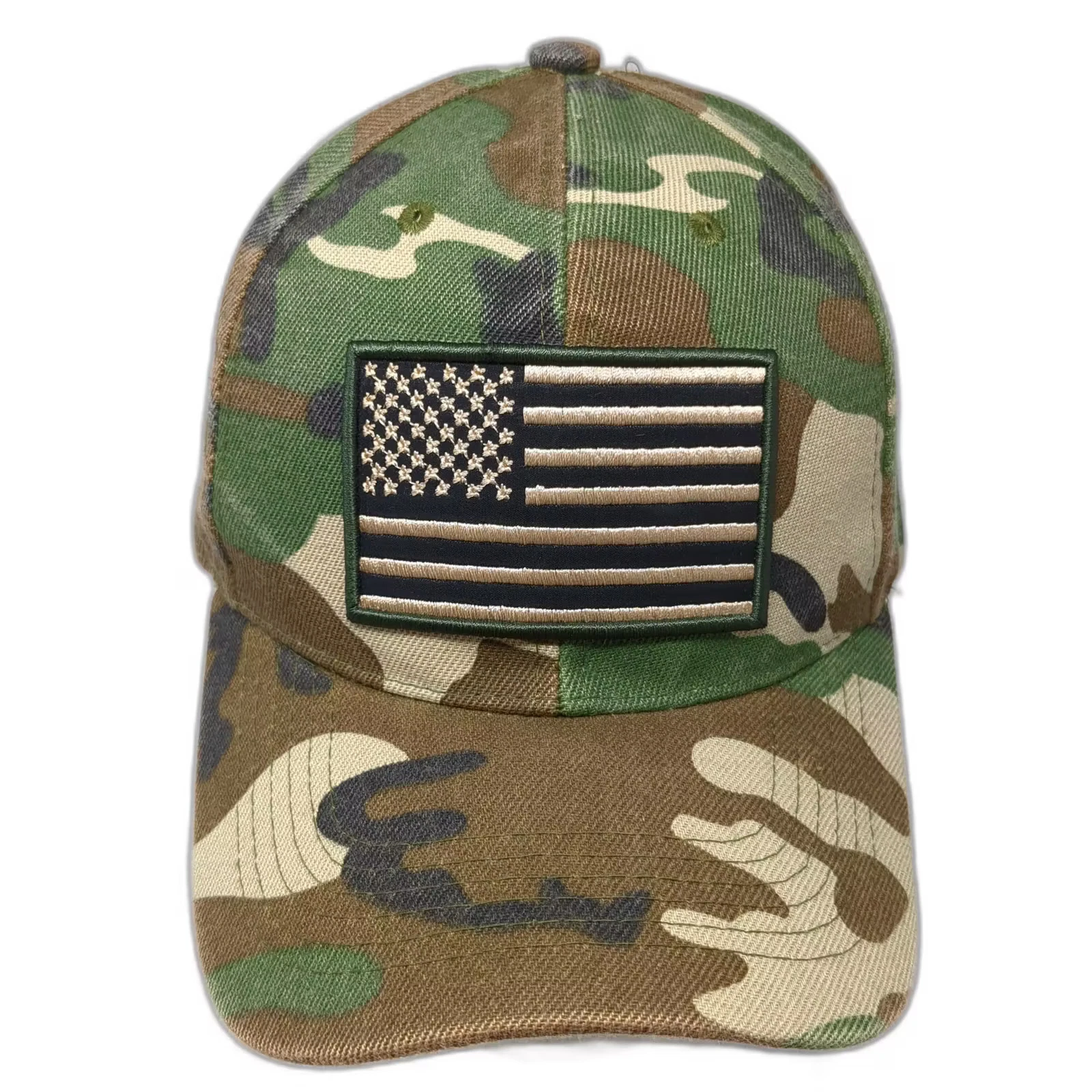 Green Brown Baseball Cap Hat US Flag Camouflage Strapback OSFM Embroidered