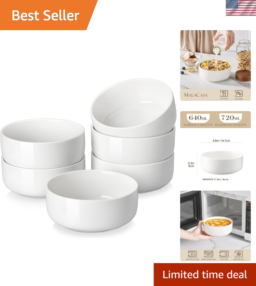24 OZ Cereal Bowls, Porcelain Soup Oatmeal Bowls Set of 6, K