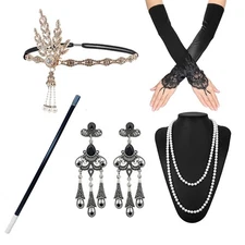 5 Pc Flapper Costume Kit-Rhinestone Headband Earrings Gloves Necklace Cig Holder
