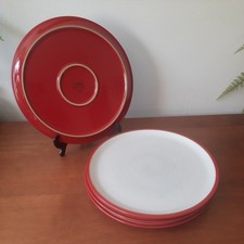 4 x Denby England Red Salsa Everyday Dinner Plates 27 cm Diam Red & Cream